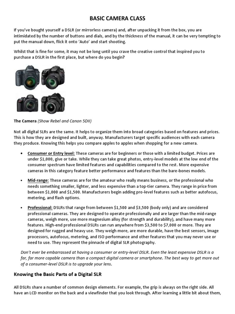Beginner Camera Class PDF Digital Single Lens Reflex Camera