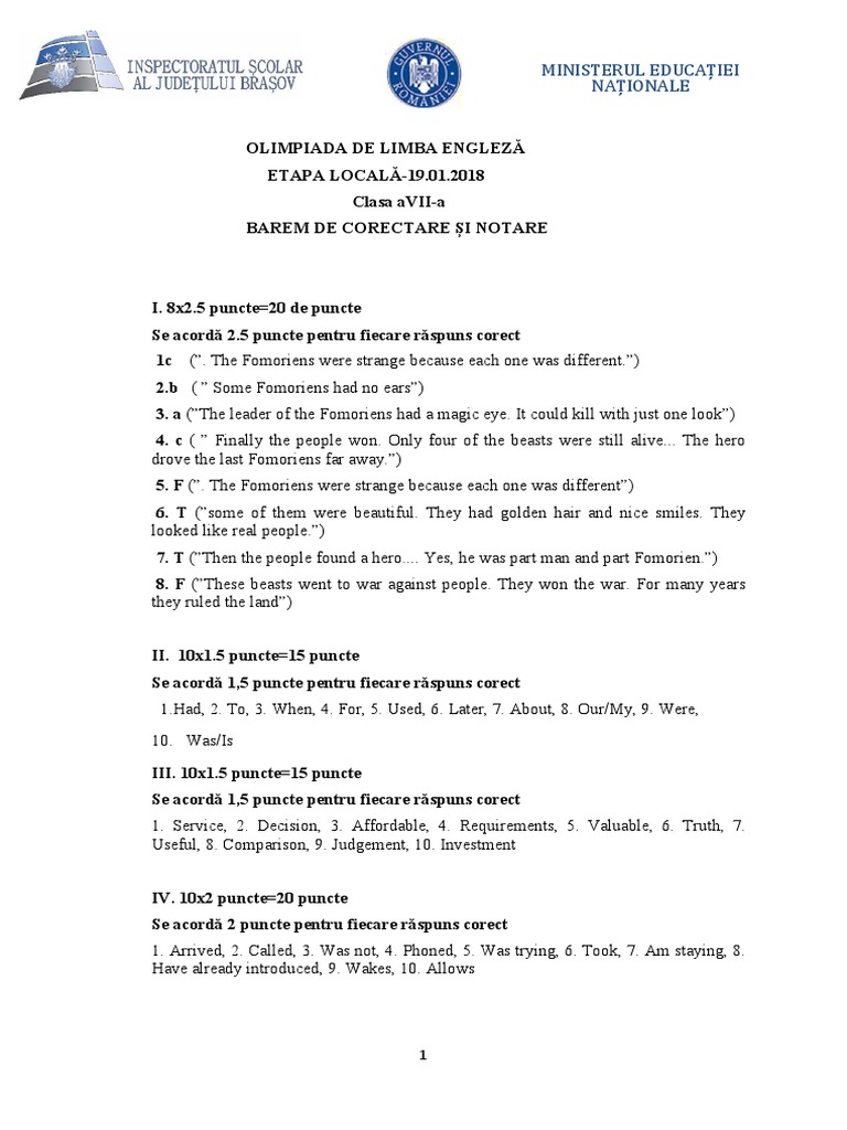 Bareme Subiecte Olimpiada Engleza, Clasa A VII PDF
