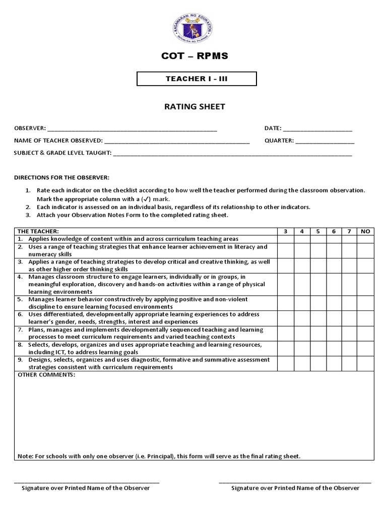 CotRpms Rating Sheet Teacher IIii PDF Curriculum Educational