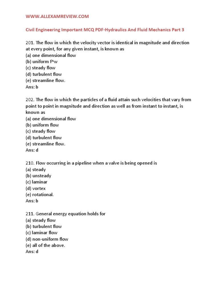 Civil Engineering Important MCQ PDFHydraulics and Fluid Mechanics Part