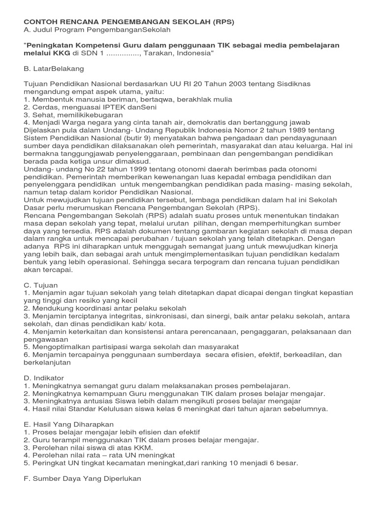 Contoh Rencana Pengembangan Sekolah | PDF