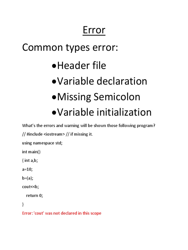 Common programming errors and their outputs | PDF | C++ | Programming ...