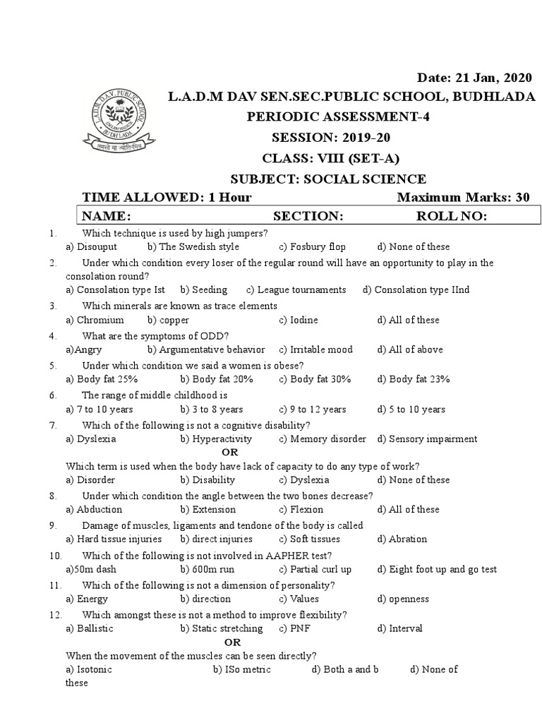 Physical Education Sample Paper For Class 12 | PDF | Flexibility