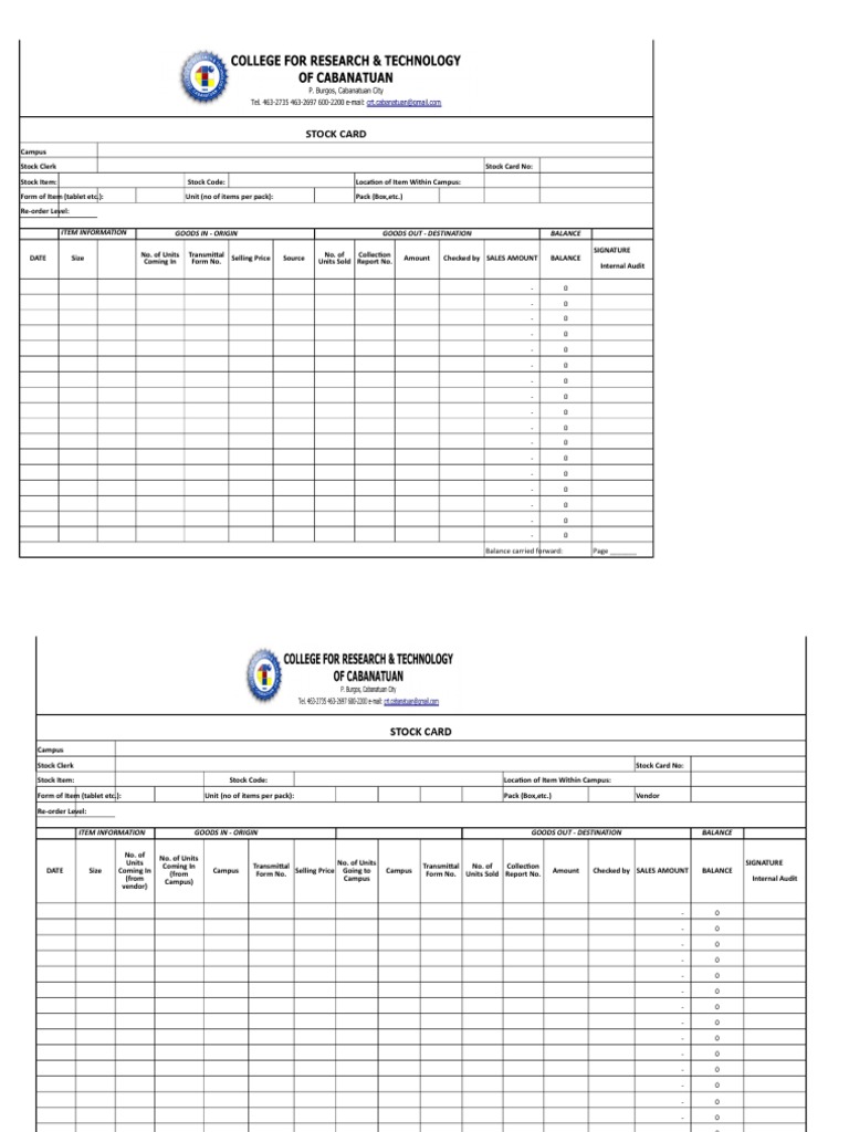 Stock Card for Schools Stocks Business