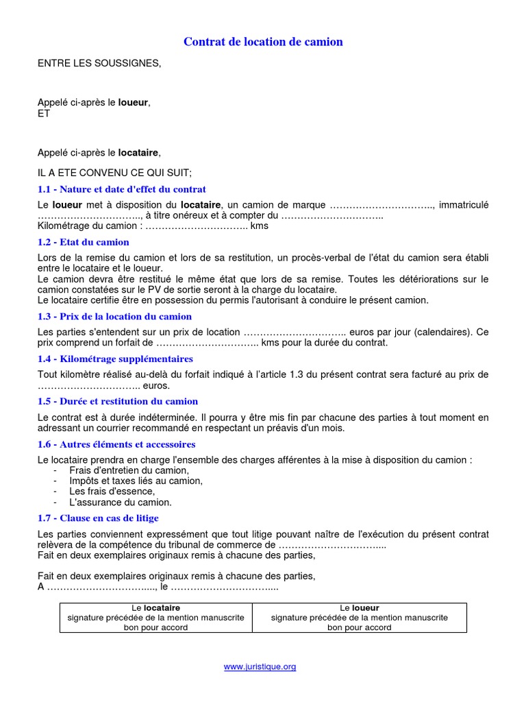 Exemple De Contrat De Location Camion En Format Word