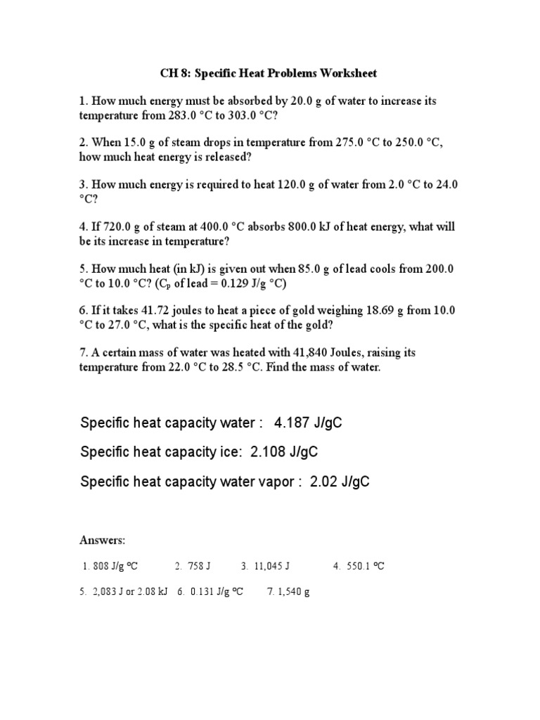 Specific Heat Worksheet  PDF Regarding Specific Heat Worksheet Answers