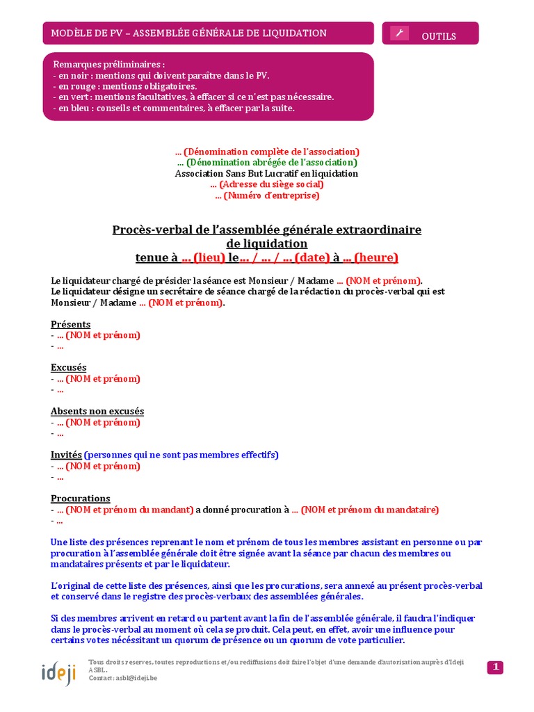Modèle Compte De Clôture De Liquidation Sarl Modele PV Ag Liquidation | PDF | Capitaux propres | Liquidation