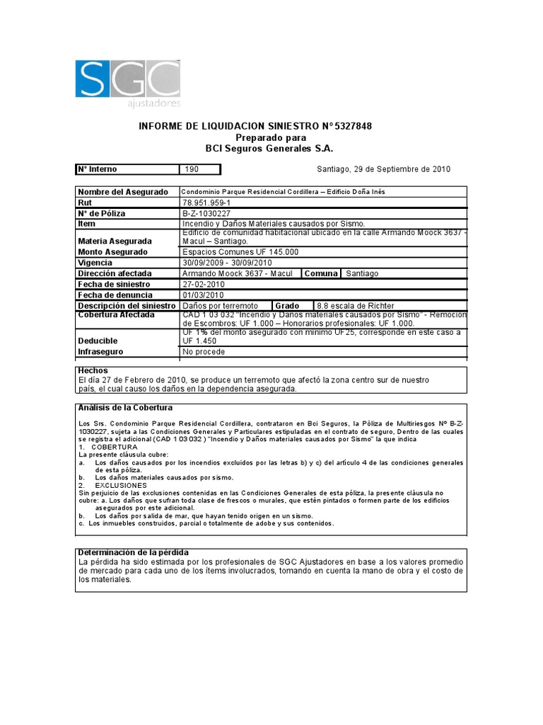 Informe de Liquidación de Siniestro 5327848 | PDF | Póliza de seguros ...