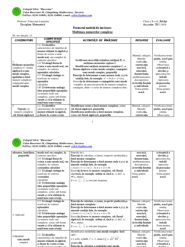 10 Unitate Invatare Multimi de Numere Complexe | PDF