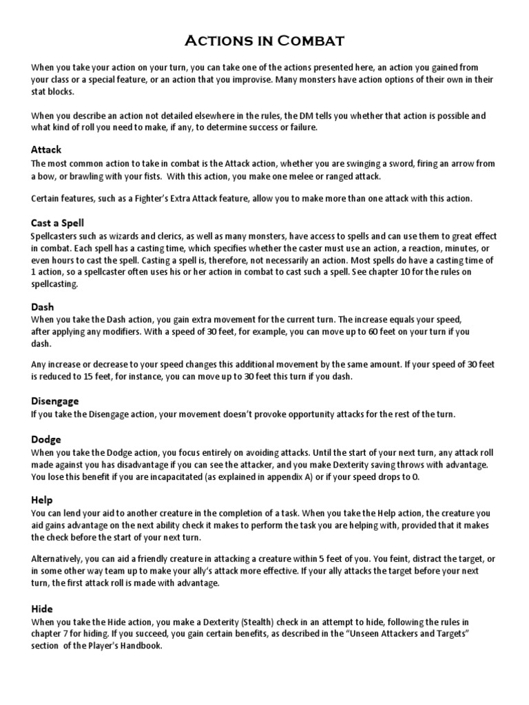 Combat Actions in D&D 5E | PDF | Leisure | Sports