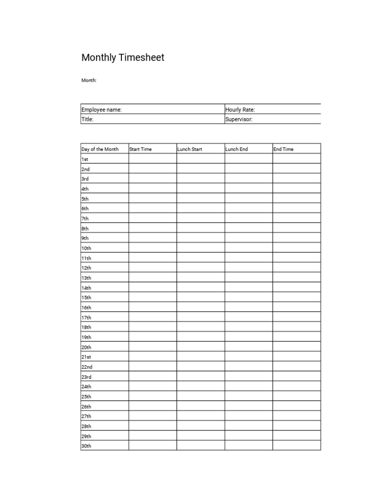 Monthly Timesheet Template | PDF