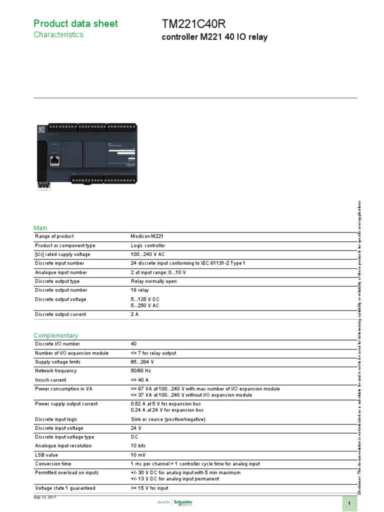 Logic Controller - Modicon M221 - TM221C40R | PDF | Usb | Power Supply