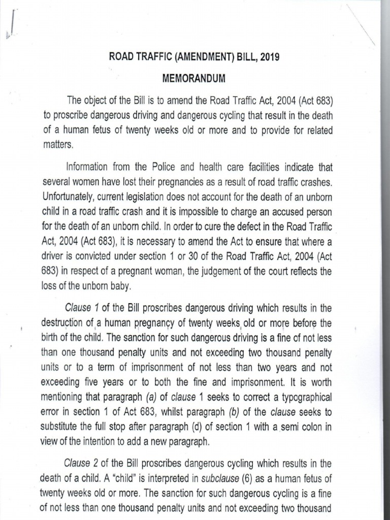 Road Traffic (Amendment) Bill,2019 Memorandum
