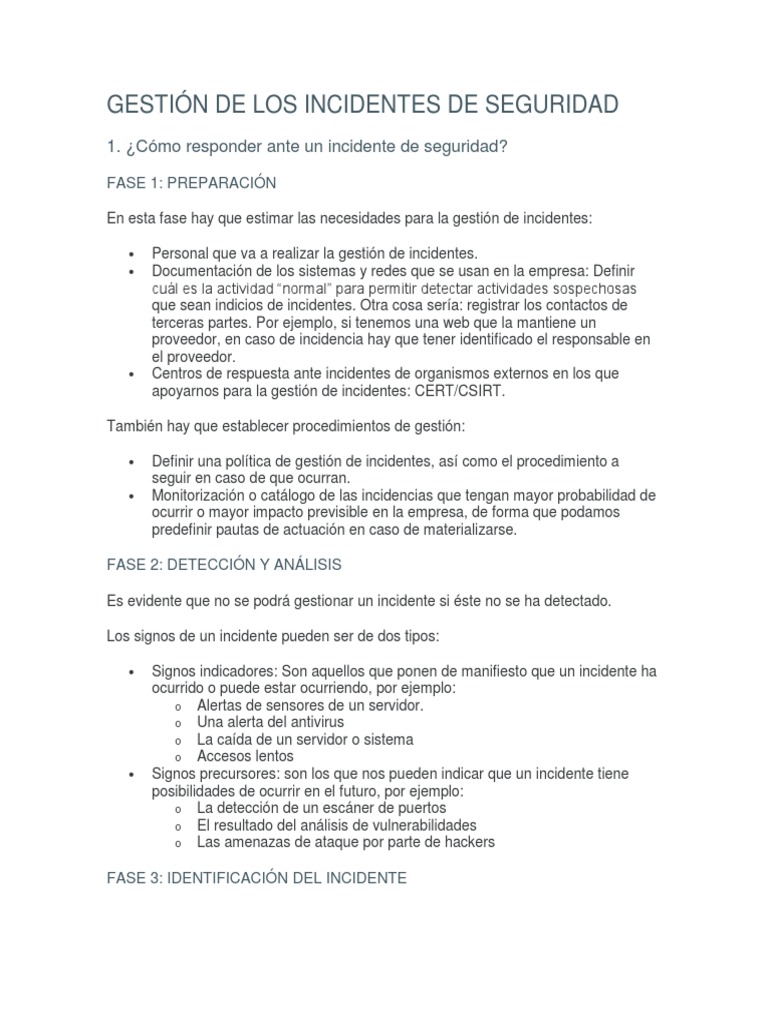 Clasificaci n Y Gesti n De Incidentes De Seguridad PDF La Seguridad 