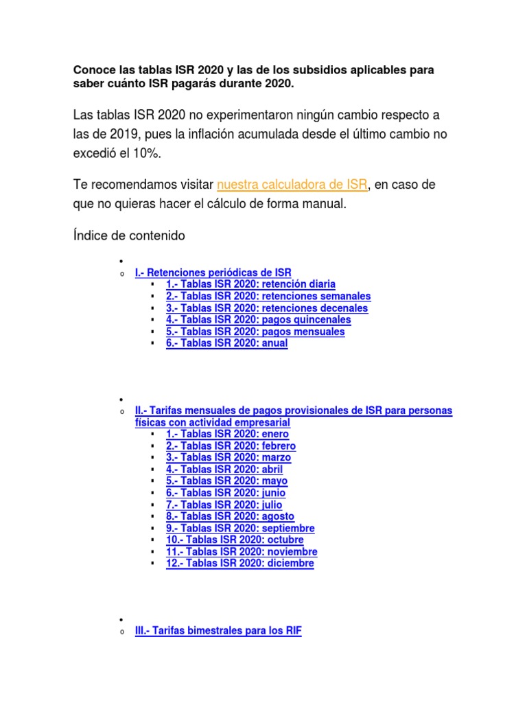 Conoce Las Tablas ISR 2020 y Las de Los Subsidios Aplicables para Saber