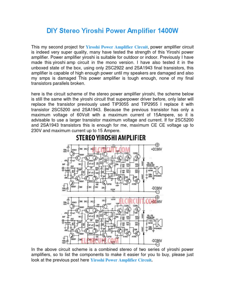 DIY Stereo Yiroshi Power Amplifier 1400W | PDF | Amplifier | Transistor