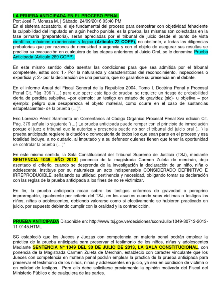 De La Prueba Anticipada en El Proceso Penal | PDF | Procedimiento