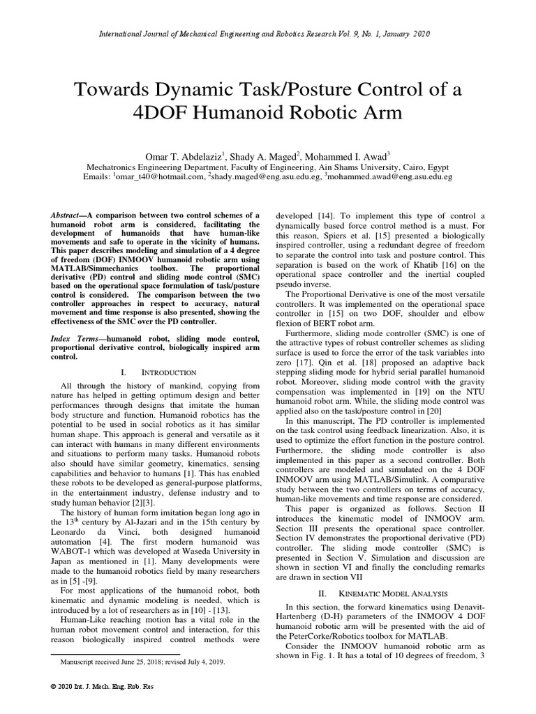 Towards Dynamic Task/Posture Control of A 4DOF Humanoid Robotic Arm ...