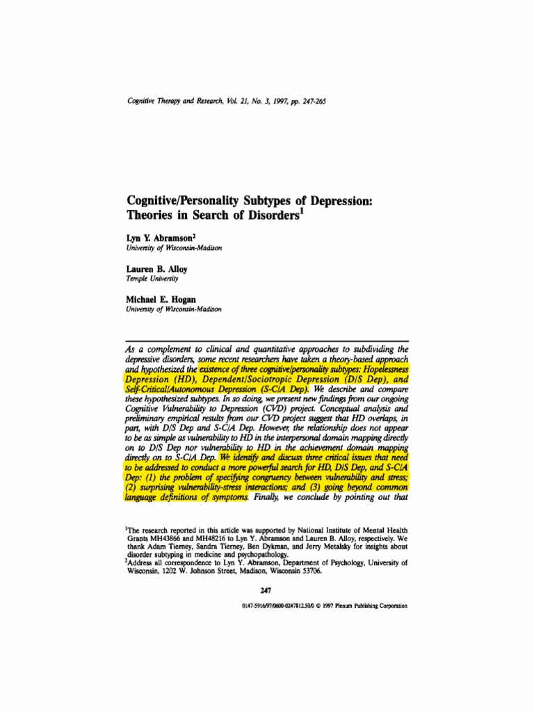 Cognitive Personality Subtypes of Depression | PDF | Major Depressive ...