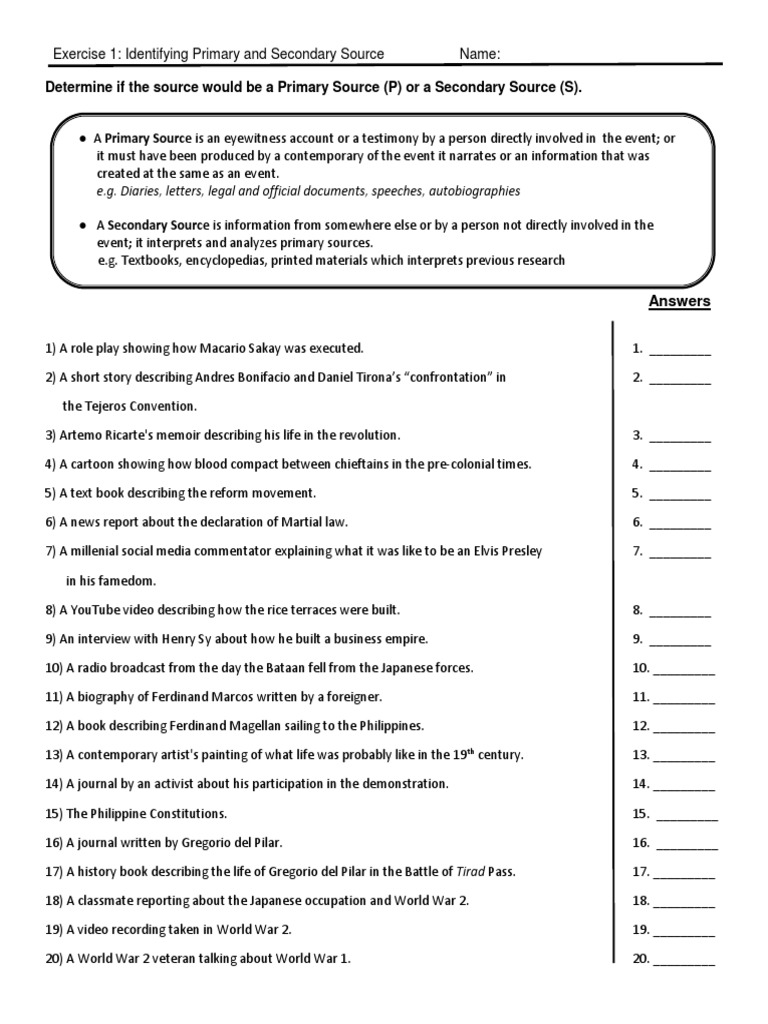 Primary vs. Secondary Sources Exercise | PDF | Primary Sources ...