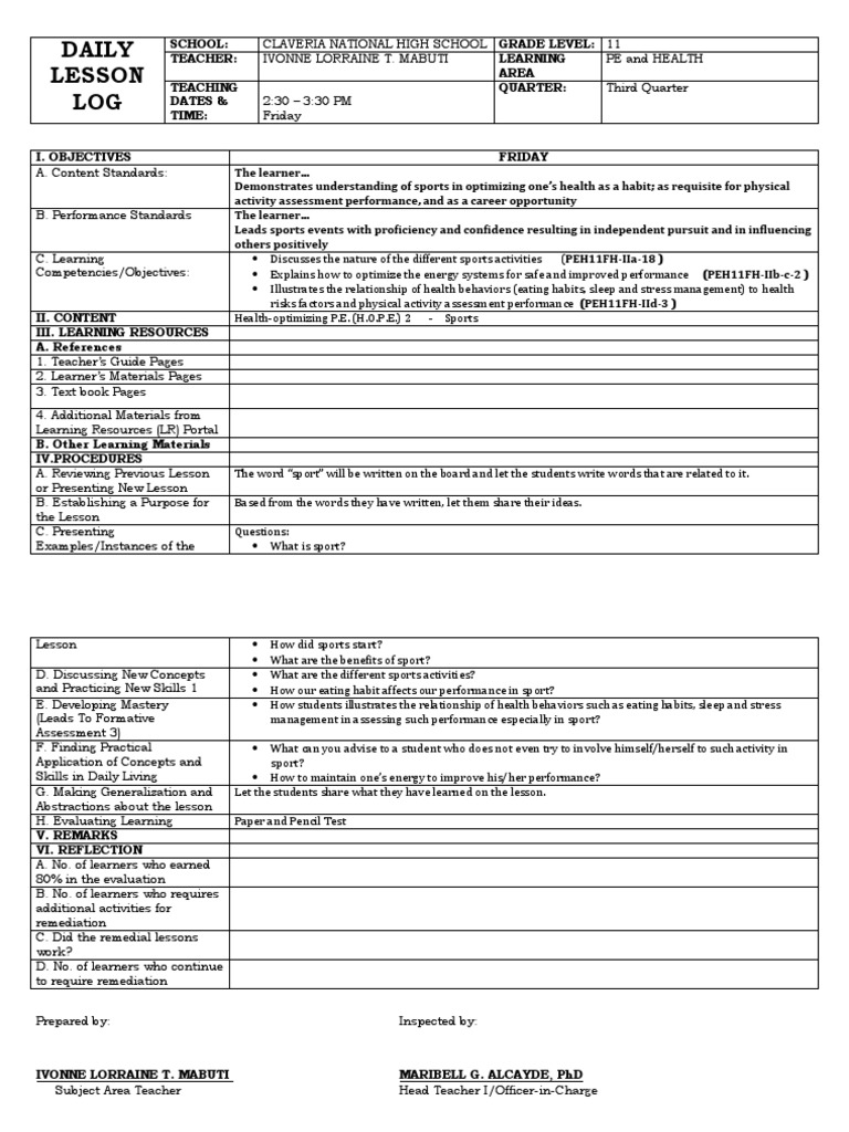 A. Grade 11 Pe 2nd Sem | PDF | Physical Education | Learning