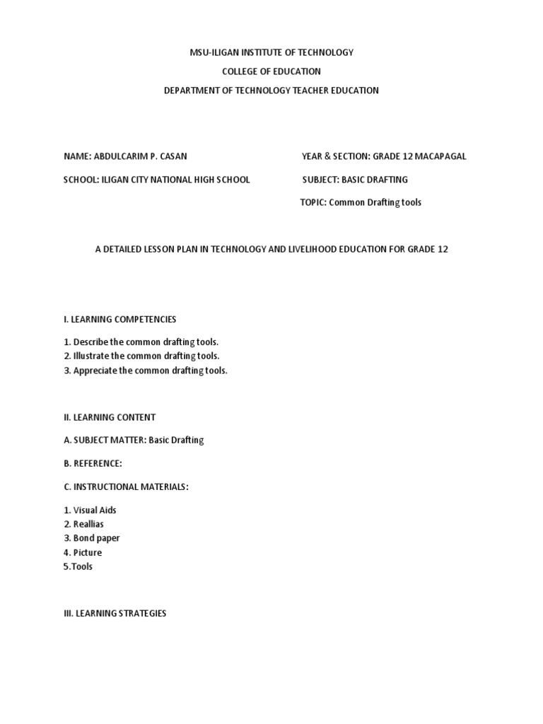Common Drafting Tools Lesson Plan | PDF | Drawing | Technical Drawing