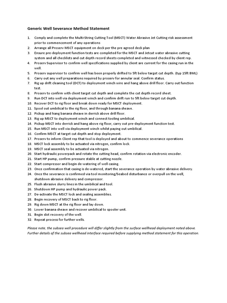 Typical Well Severance Method Statement PDF PDF Nature