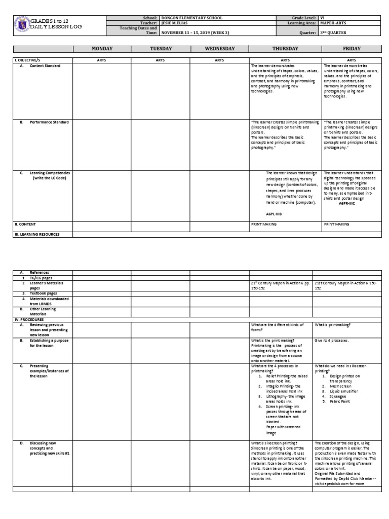MAPEH Arts Lesson Plan for Grade VI | PDF | Printmaking | Learning