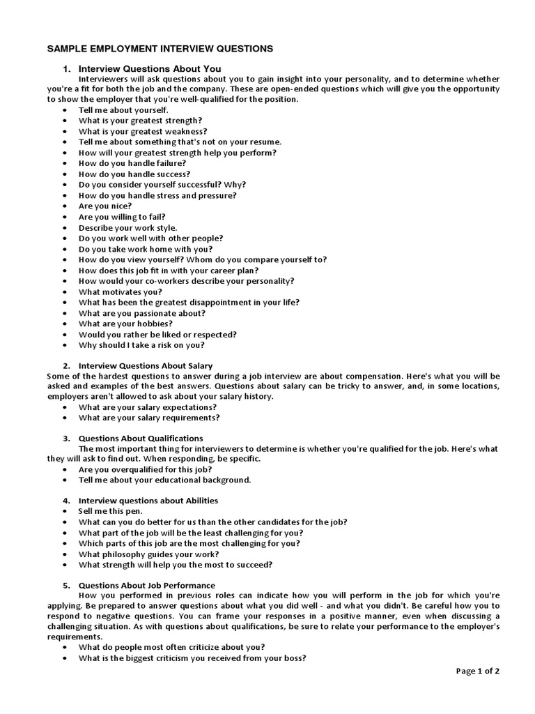 Sample Interview Questions Docx Interview Employment