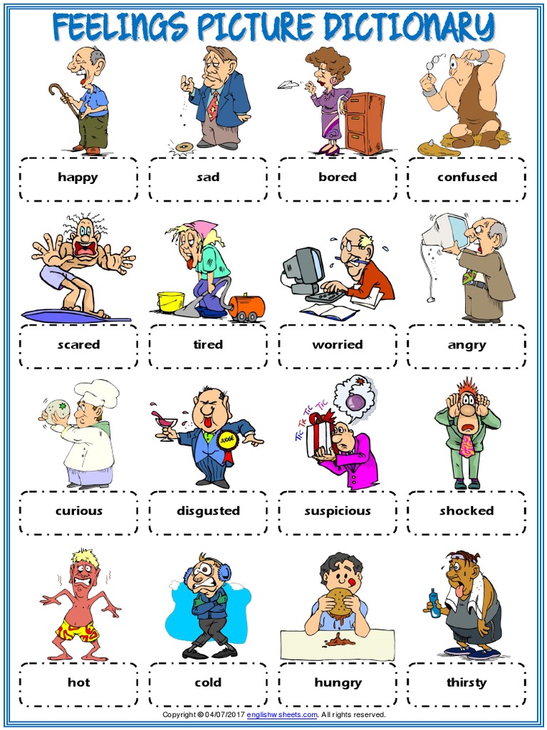 feelings emotions vocabulary esl picture dictionary worksheet for kids