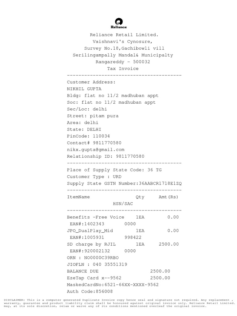 Jio Fiber Receipt Personal Identification Number Invoice