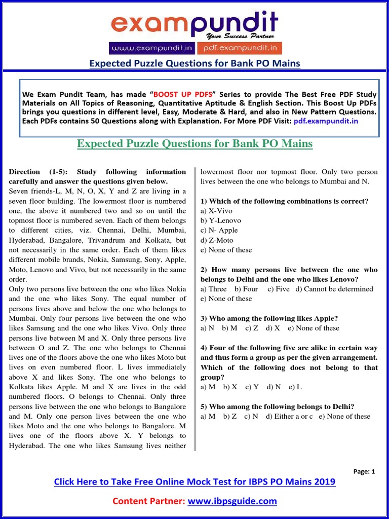 Expected Puzzle Questions For Ibps Po Mains Exams Matrix Mathematics Traffic Light