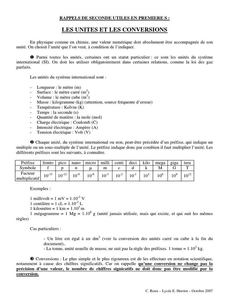 Unités et conversions en sciences | PDF | Système international d ...