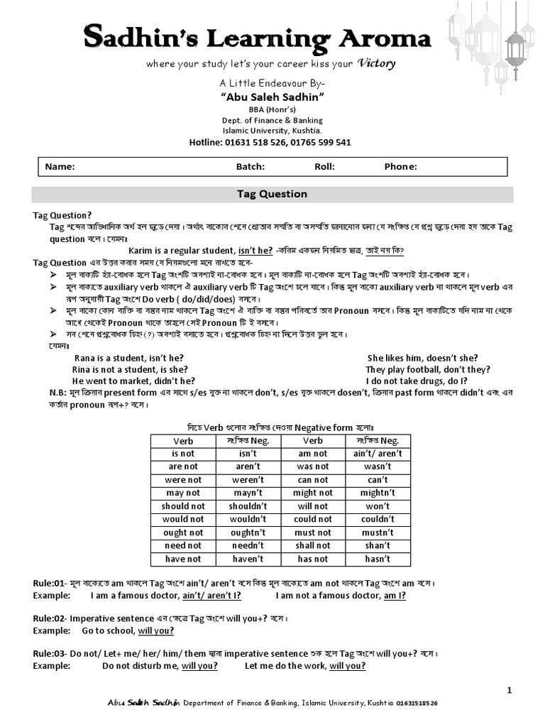 Formula For Tag Question PDF Syntactic Relationships Grammar
