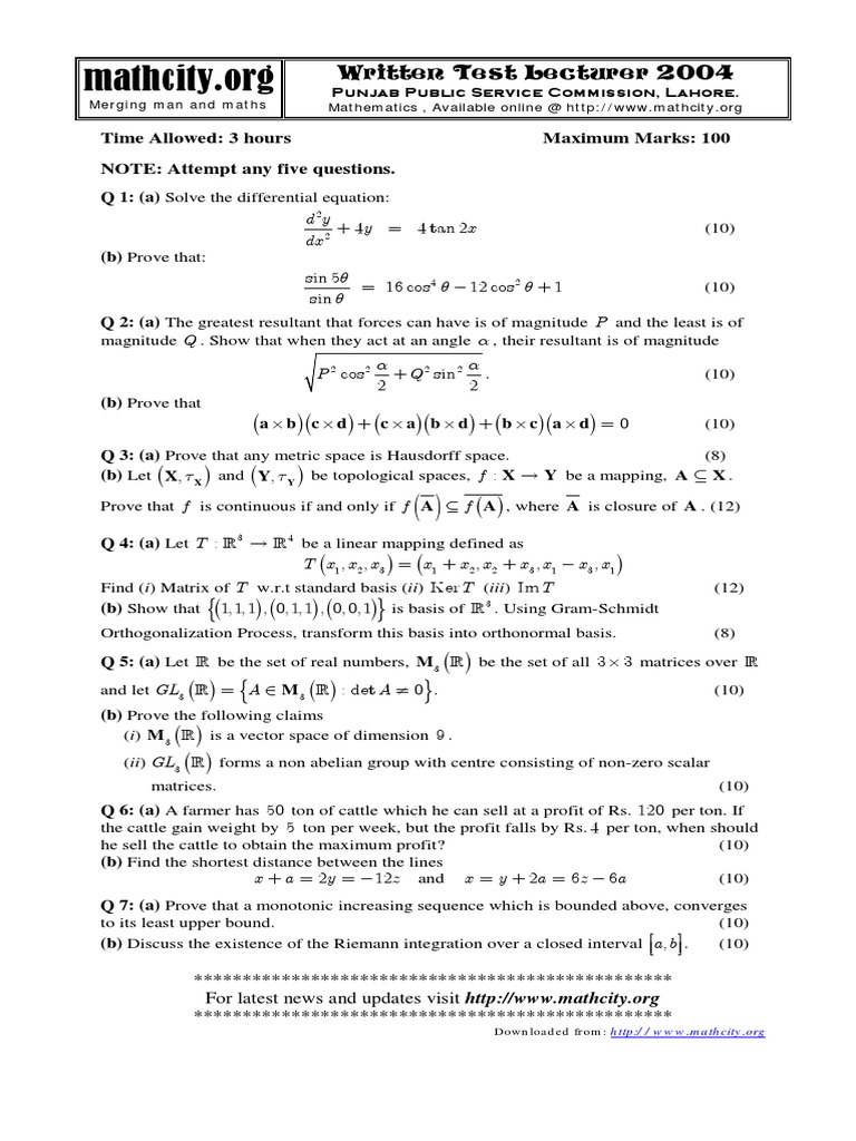 Mathematics Written Test 2004 PPSC | PDF | Basis (Linear Algebra ...
