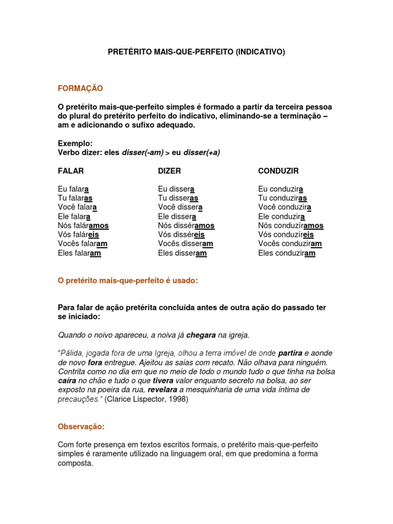 Pretérito Mais-que-perfeito: Formação e Uso | PDF | Morfologia ...