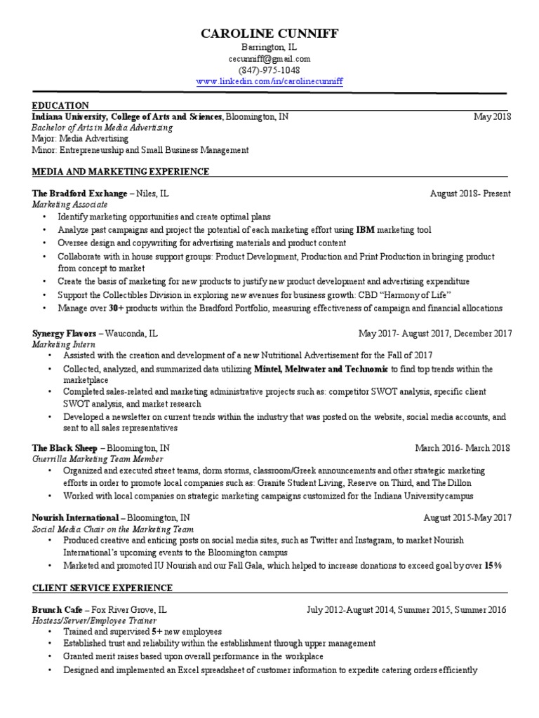 Caroline Cunniff Resume | PDF | Indiana University Bloomington | Marketing