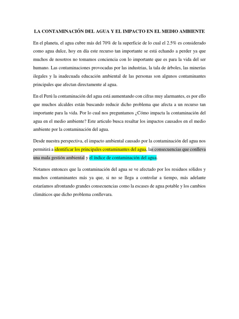 La Contaminación Del Agua y El Impacto en El Medio Ambiente 2 | PDF ...