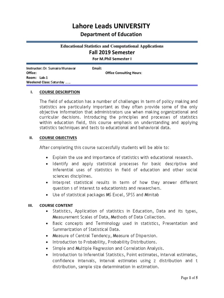Educational Statistics Course Overview | PDF | Statistical Hypothesis ...