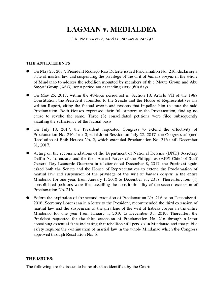 Case Digest Lagman v. Medialdea 3 PDF Government Public Law