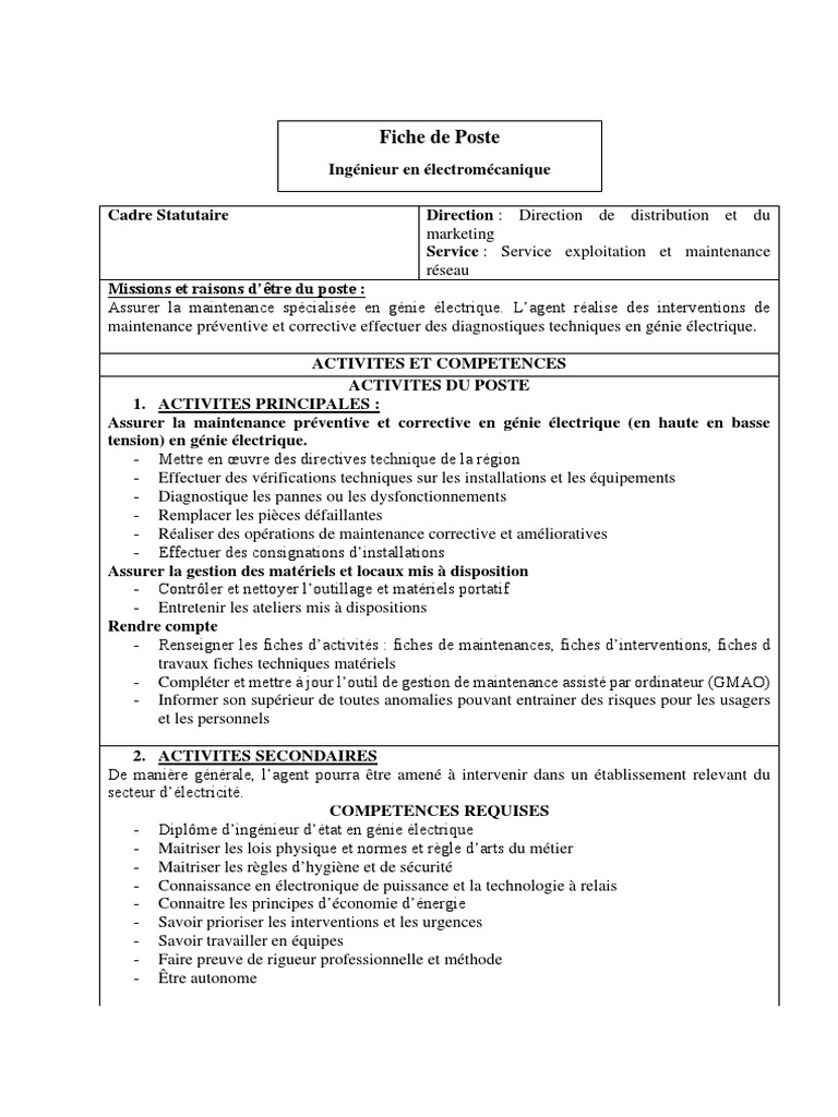 Fiche De Poste Ingenieur Gestion Des Ressources Humaines