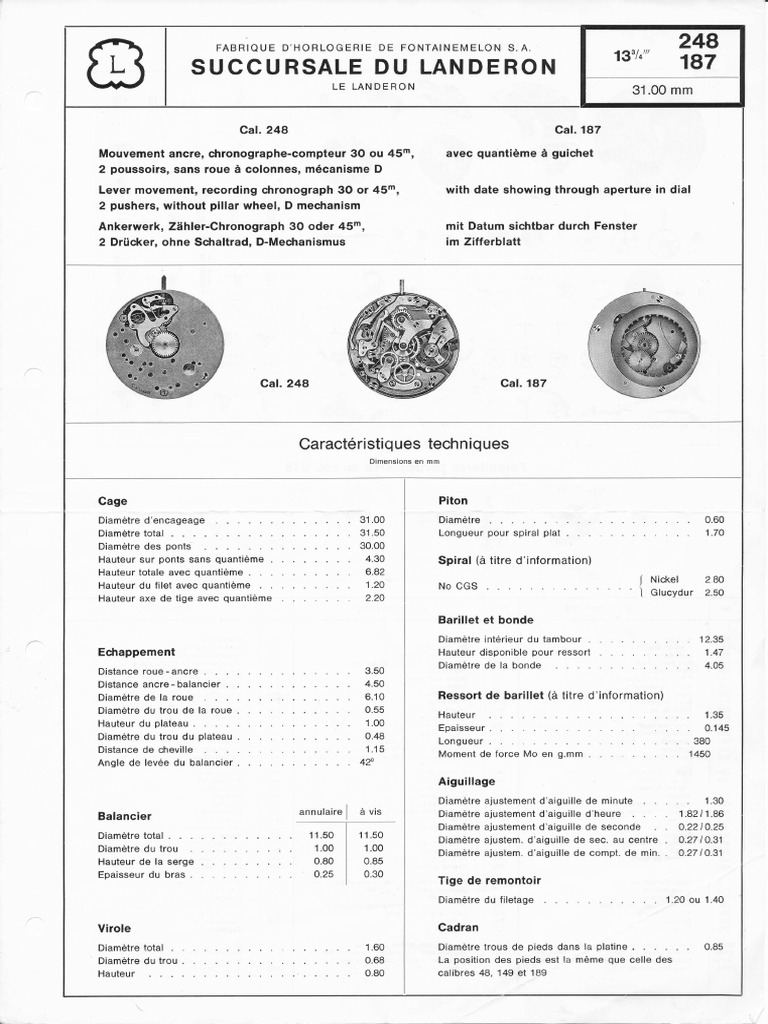 Mouvement Chronographe Landeron 248 - Fonctionnel Mais à Réviser, Pour Montre Vintage