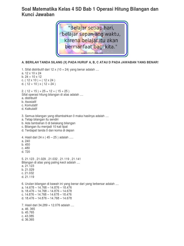 Soal Matematika Kelas 4 SD Bab 1 Operasi Hitung Bilangan Dan Kunci ...