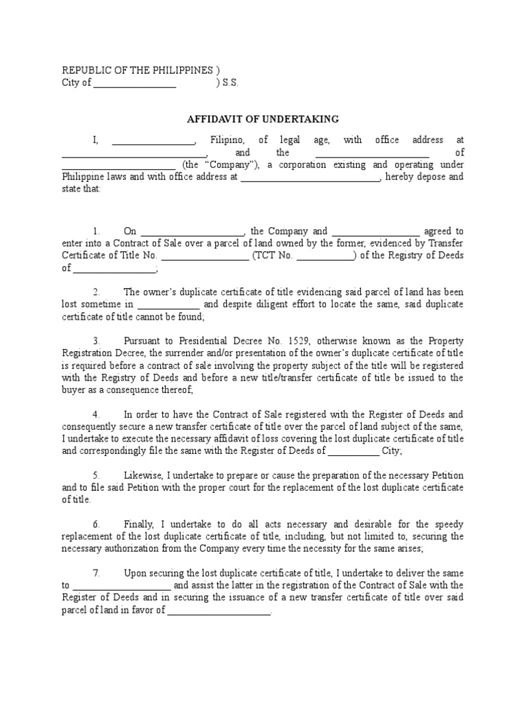 Affidavit of Undertaking for Lost Title | PDF | Property | Property Law