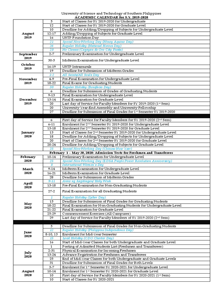 USTP Calendar SY 2019 2020 PDF PDF Academic Term Undergraduate