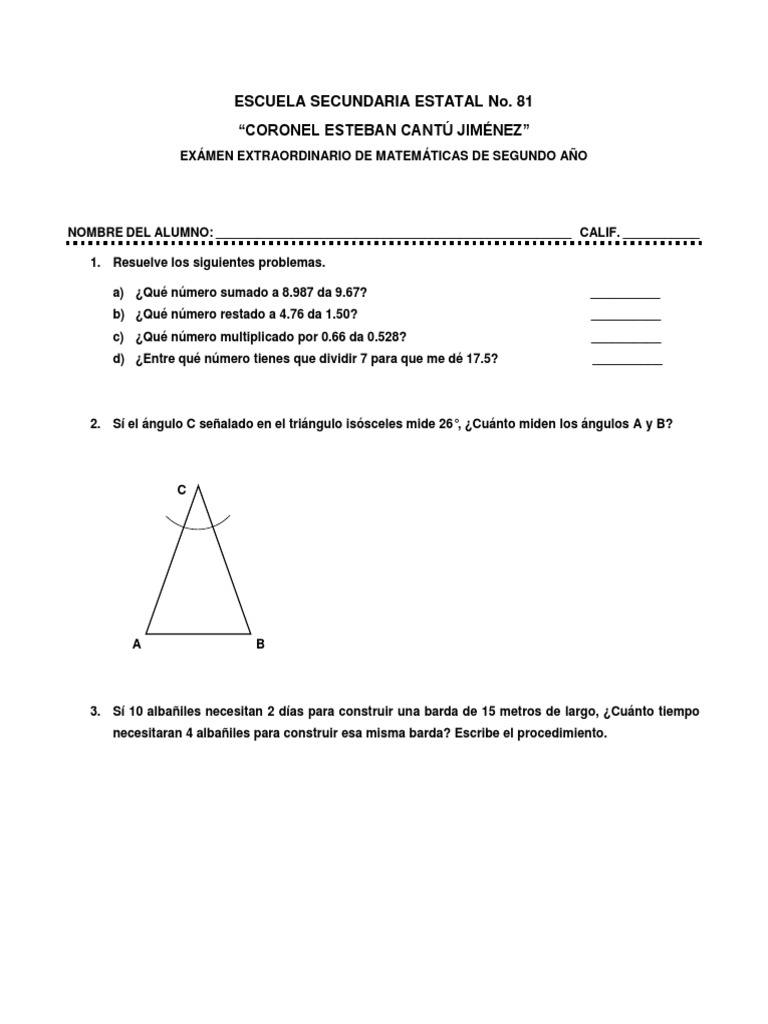 Examen Extraordinario Matemáticas 2° Año | PDF | Enseñanza de matemática