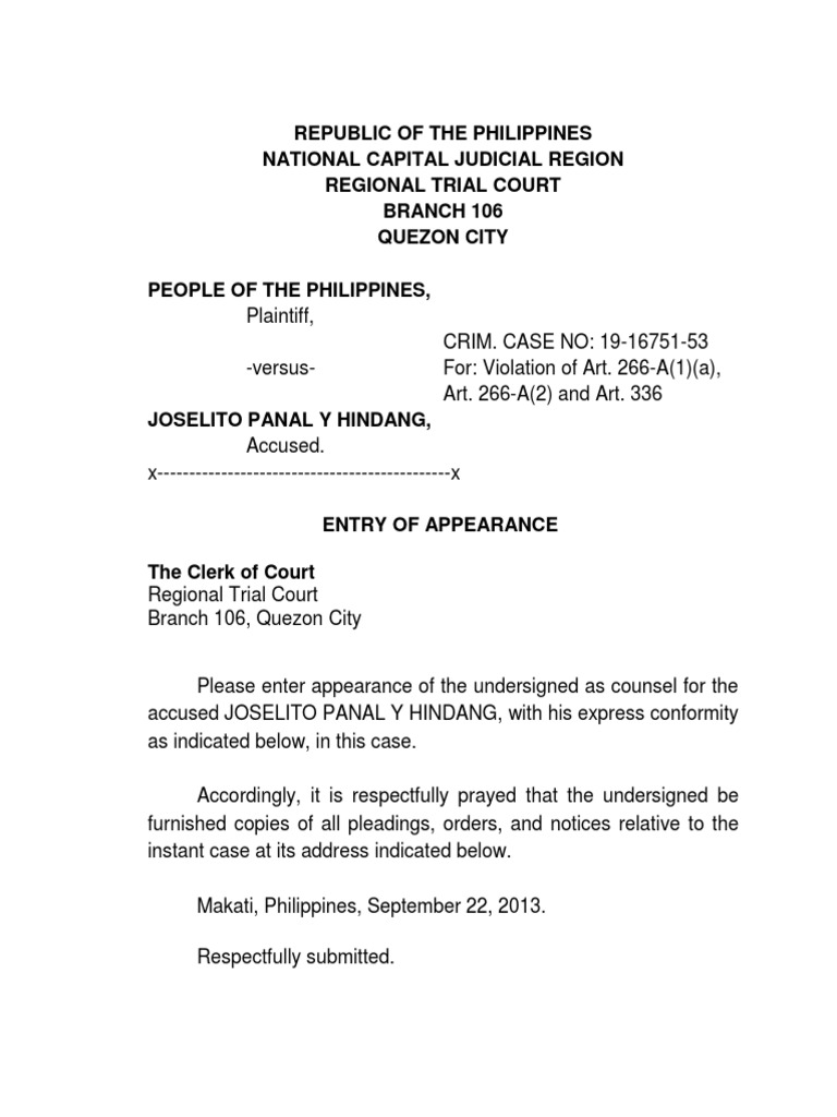 Entry of appearance pdf manila plaintiff