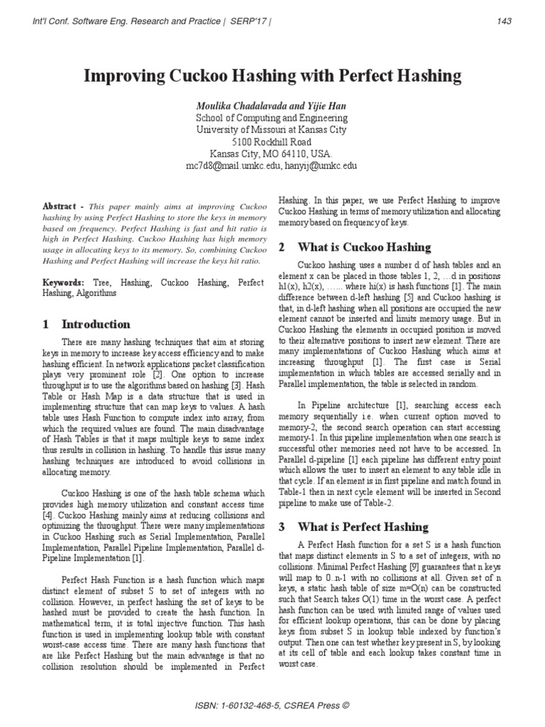 Improving Cuckoo Hashing With Perfect Hashing PDF Discrete