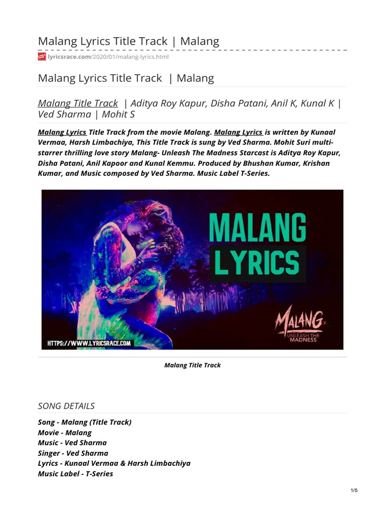 Malang Title Track Lyrics Overview | PDF | Film Production Districts