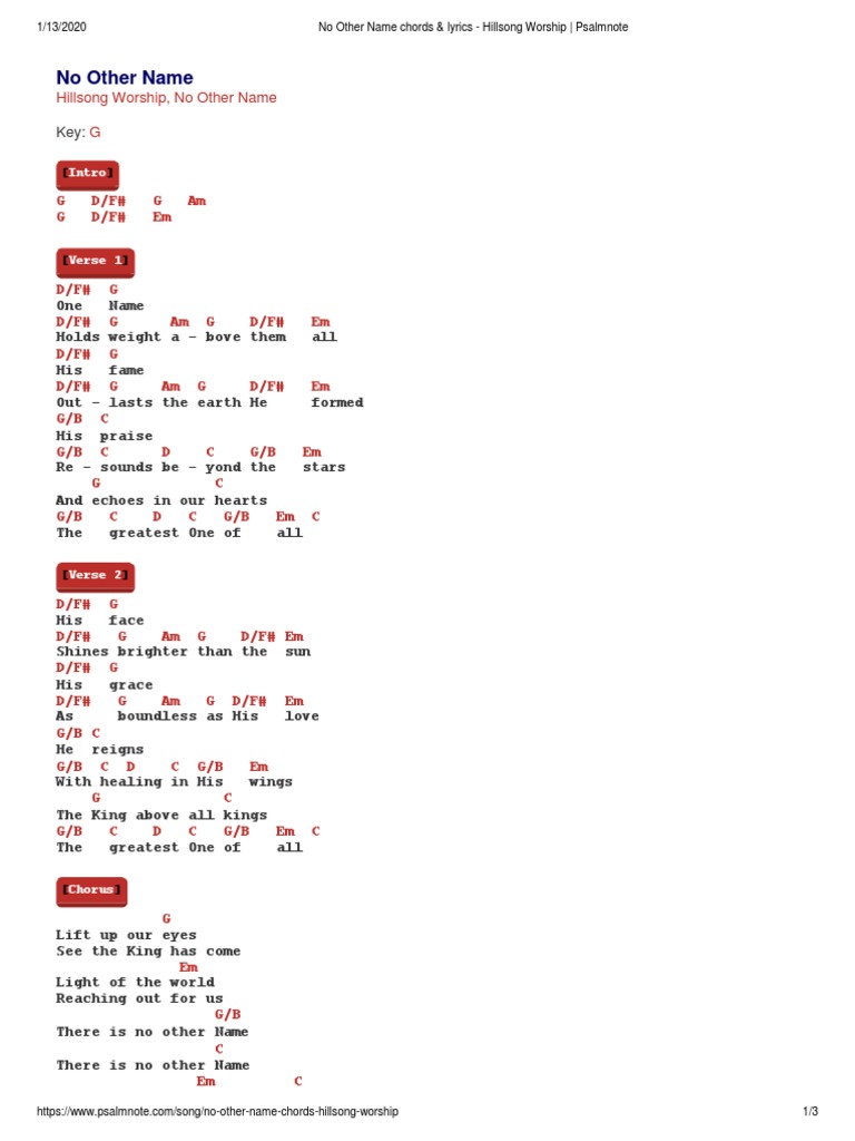 No Other Name Chords Lyrics Hillsong Worship Psalmnote Pdf Song Structure Systematic Theology